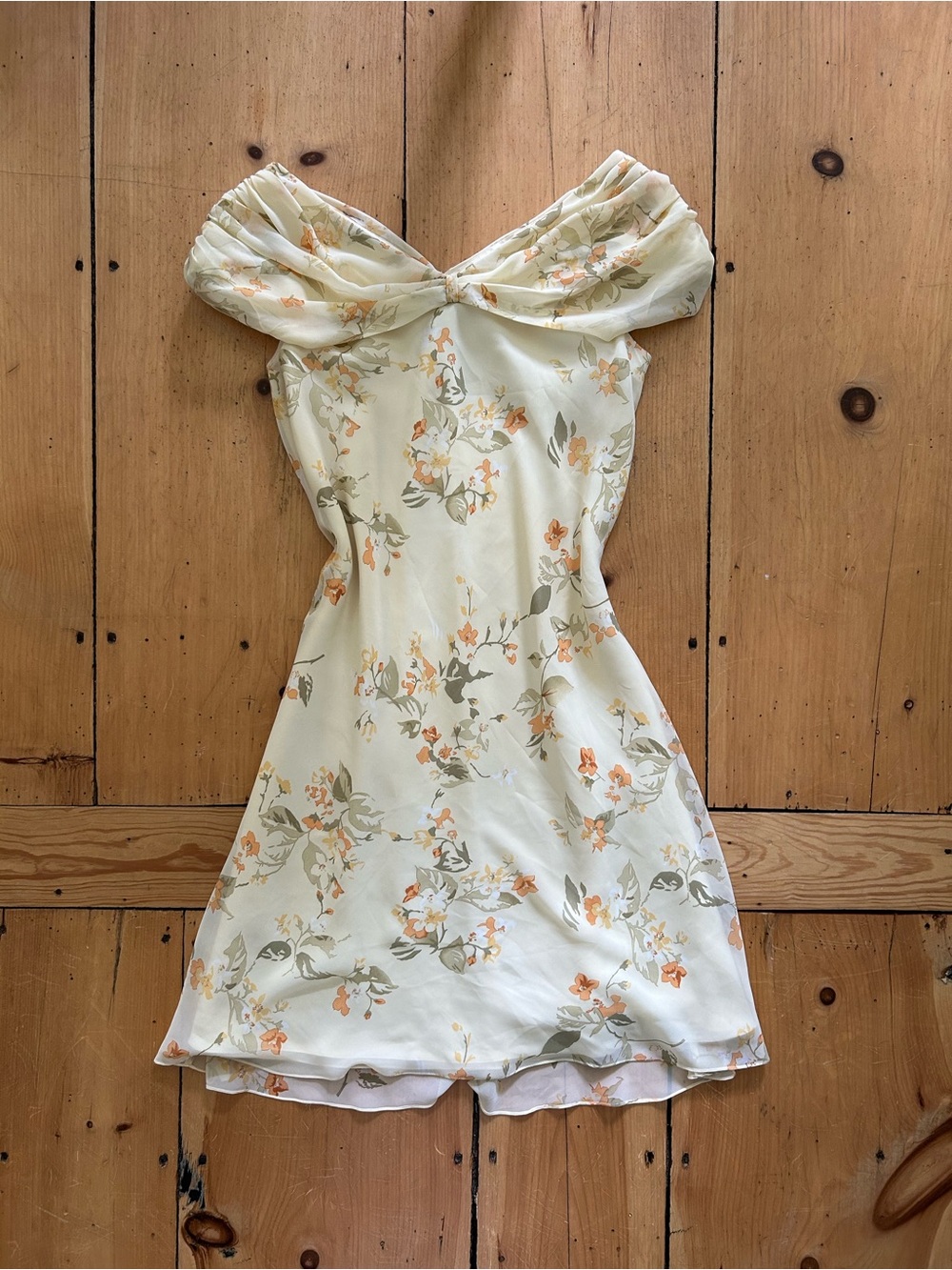 Floral Off-Shoulder Mini Dress - Butter Yellow with Peach Blossoms